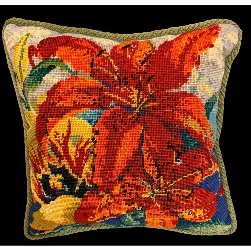 Handmade Needlepoint Hibiscus Throw Pillow 15x15 Tropical Floral Coastal Decor